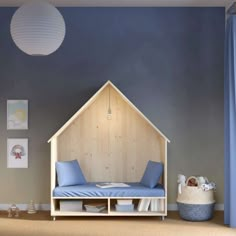 a child's bedroom with blue walls and carpeted flooring, including a wooden bed