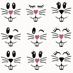 a set of cat's faces with different eyes and nose shapes, all in black and white