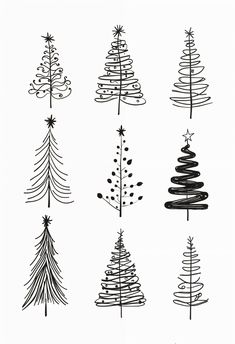 hand drawn christmas trees in black and white