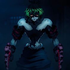 an anime character with green hair and black eyes, holding his hands on his hips