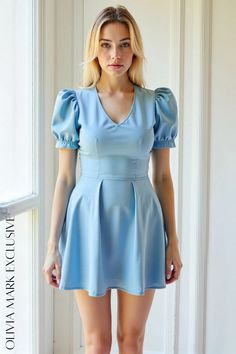 Olivia Mark - Elegant Pastel Blue Satin Mini Dress with Puffed Sleeves Blue Satin Mini Dress, Pastel Blue Dress, Dress With Puffed Sleeves, Blue Dress Casual, Satin Mini Dress, Daily Dress, Puffed Sleeves, Blue Satin, Flared Skirt