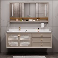 a bathroom vanity with two sinks, mirrors and lights on the wall above it is an area rug that matches the floor