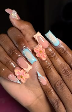 Nails For Puerto Rico Trip, Blue Tropical Nails, Dominican Republic Nails, Moana Inspired Nails, Hawaiian Acrylic Nails, Cute Summer Nails Square, Island Nails Designs, Vacation Nail Ideas, Shell Nail Art