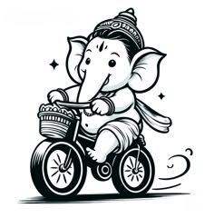 an elephant riding on top of a bike with a basket in it's trunk