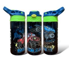 three children's water bottles with monster trucks on them