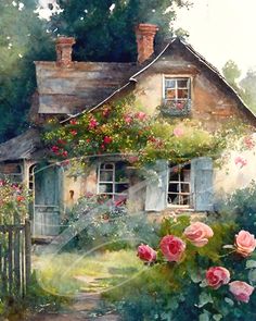 a painting of a house with roses growing on it