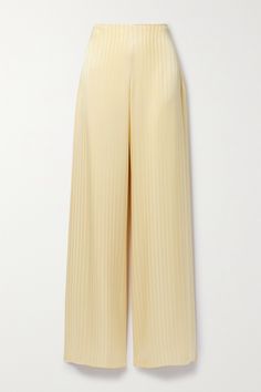 Loro Piana's pants are made from silk-satin that's jacquard-woven with subtle, elongating stripes - from afar, the material resembles a ribbed-knit. They're designed to sit high on the waist and have wide, floaty legs that pool at the floor. Zara Wide Leg Pants High Waist, Moda Operandi Pants, Zara Closet, Silk Pants Outfit, Stripes Pants, Yellow Pants, Striped Wide Leg Pants, Normal Clothes, Silk Pants