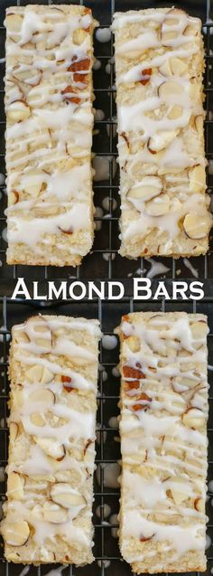 four squares of almond bars sitting on top of a cooling rack