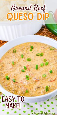 a bowl of ground beef queso dip with peas and green onions in the background