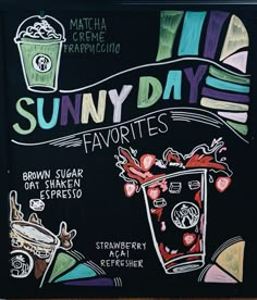 a chalkboard sign advertising sunny day favorites at the starbucks in san francisco, california