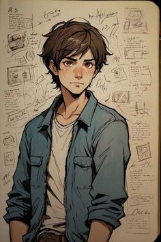 a drawing of a young man with brown hair and blue shirt, standing in front of a