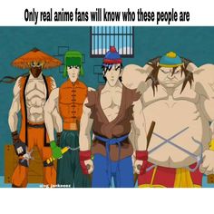 three cartoon characters standing next to each other in front of a jail cell with the caption only real animes will know who these people are