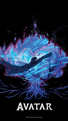 the poster for avatar shows a woman floating in water with her arms spread out, surrounded by blue and pink flames