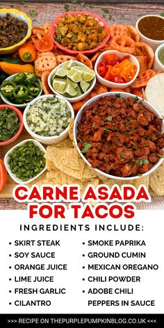 an advertisement for a mexican restaurant called carne asada fortacos with different types of food in bowls