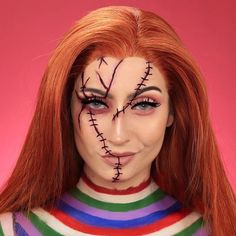 Girl Halloween Face Makeup, Womens Chucky Makeup, Orange Wig Halloween Costume, Chuky Doll Makeup, Chunky Halloween Makeup, Chucky Scary Makeup, Chucky Makeup Female Glam, Chucky Glam Makeup, Chucky Make Up Woman