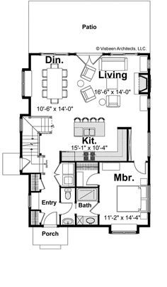 the floor plan for this small house shows the living room and dining area, as well as