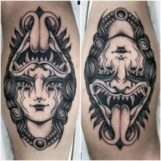 two black and white tattoos on the legs of men with faces in frames, one has an