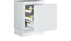 an open refrigerator freezer with its door open and food in the bottom drawer,