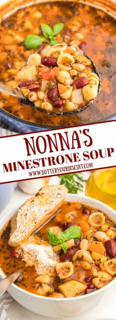 a bowl of mines soup with bread on the side and an advertisement for nonna's minestone soup