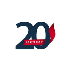 the 20th anniversary logo is shown in red, white and blue with an orange ribbon