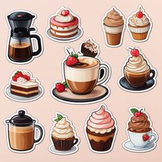 a set of stickers with different types of desserts and drinks on the table