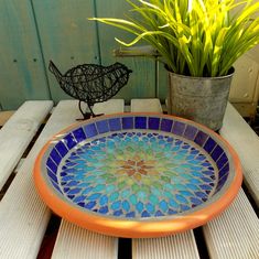 a blue and orange plate sitting on top of a wooden table next to a potted plant