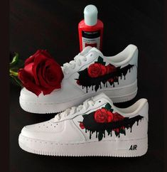 Black Drip Red Rose Custom Air Force 1-shecustomize Custom Sneakers Diy, Custom Af1, Custom Shoes Diy, Nike Shoes Girls, Nike Fashion Shoes, Custom Nike Shoes, All Nike Shoes, Air Force 1 Custom, Custom Air Force 1