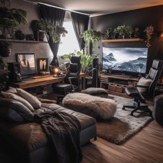 a living room filled with furniture and a flat screen tv mounted on a wall next to a window