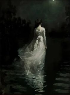 a woman in a white dress is walking through the water at night under a full moon