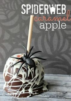 a chocolate covered caramel apple with spider web on top and text overlay that reads, how to decorate a spiderweb caramel apple