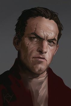 a painting of a man in a red jacket looking at the camera with an angry look on his face