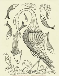 an old drawing of a bird with fish around it's neck and back legs