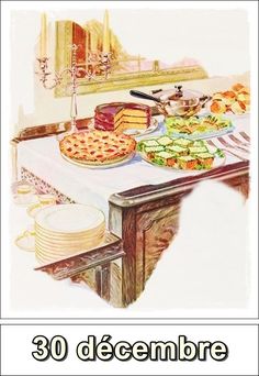 there is a drawing of a table with food on it and the words 30 decembre written in french