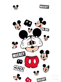 mickey mouse with many different faces and words on it's back wall decal