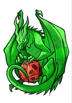 a drawing of a green dragon holding a red dice