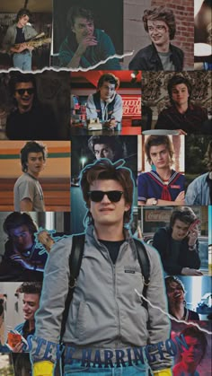 a collage of photos with the same person wearing sunglasses and holding a book bag