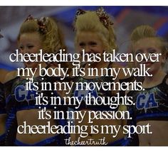 three cheerleaders are standing together with their arms around each other and the caption reads cheerleadering has taken over my body, it's