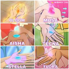 four different anime characters with their names in the same language, and one is holding her hand out