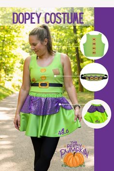 a woman wearing a green dress with purple trims and black tights is walking down the street