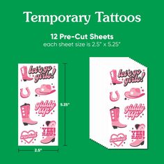 temporary tattoos for girls with pink cowboy boots and hearts on the side, are shown