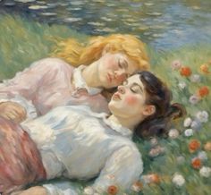 two women laying in the grass with their heads close to each other and looking at something