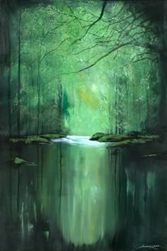 a painting of trees and water in the middle of a forest with green leaves on it