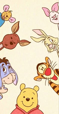 winnie the pooh and friends wallpaper with many cartoon characters on it's face