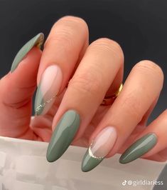 Money Green Nails Designs, Solid And French Tip Nails, Partial French Tip Nails, Spring Nails 2023 Green, Nails To Match Sage Green Dress, Save Green Nails, Dip Spring Nails, One Nail Art, Almond Nails Nail Art