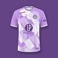 the purple and white soccer jersey is displayed on a purple background, with an image of a