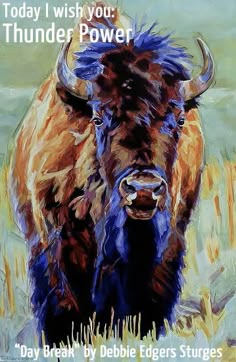 an oil painting of a bison standing in the grass