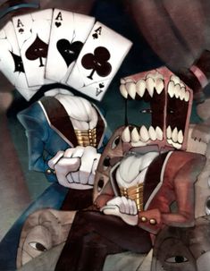 two playing cards with one holding the other's mouth and another sitting on a chair