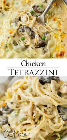 chicken tetrazzini with peas and mushrooms in a creamy sauce is an easy weeknight meal