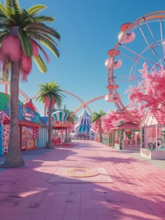 a pink street with palm trees and carnival rides