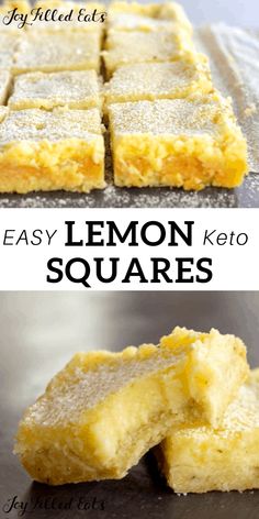 easy lemon keto squares on a baking sheet with the words, easy and delicious